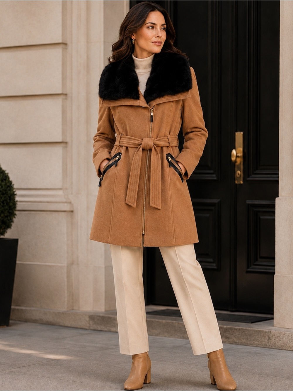 VIA SPIGA KATE FAUX FUR COLLAR WOOL BLEND BELTED TRENCH COAT SZ 14